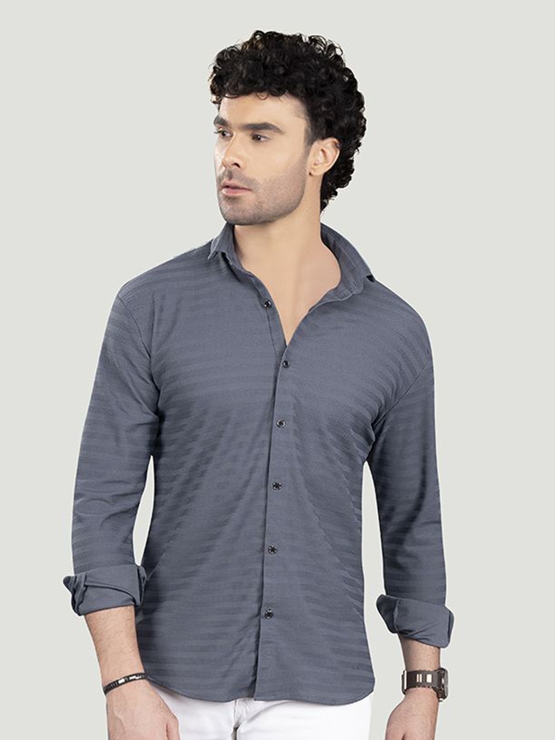 

ALMATY Men Comfort Spread Collar Horizontal Striped Cotton Slim Fit Casual Shirt, Grey