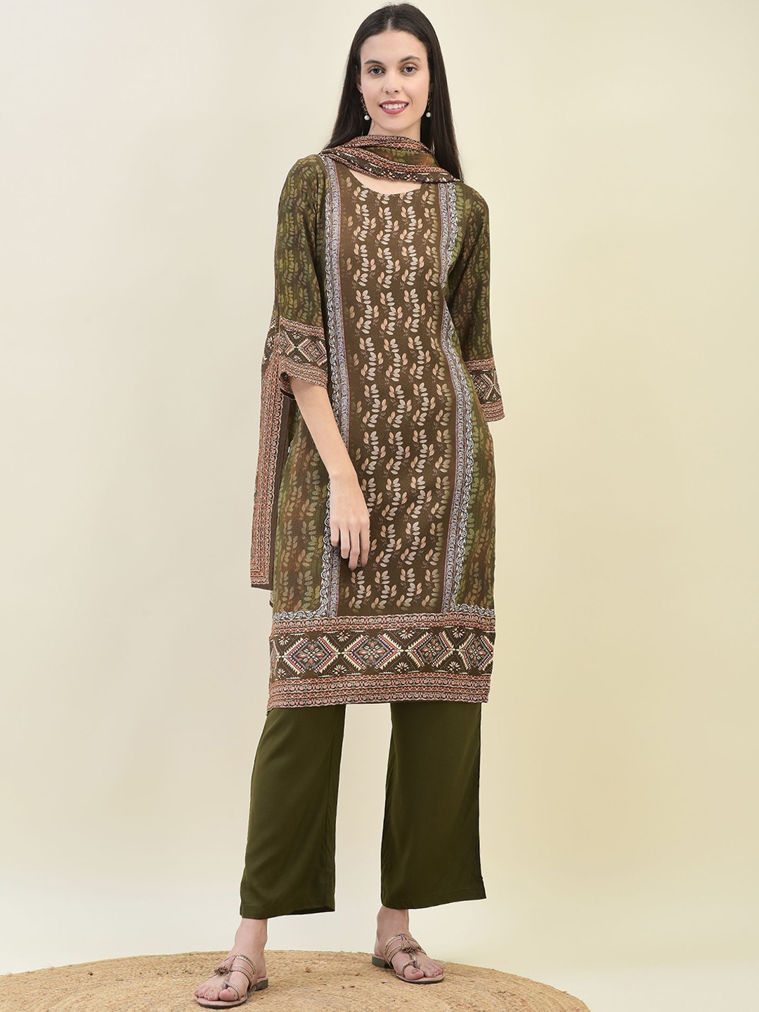 

Shree Floral Printed Liva Straight Kurta with Trousers & Dupatta, Olive