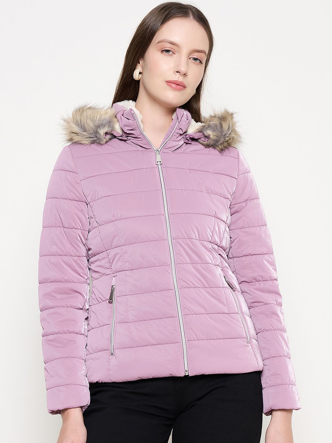 

Madame Women Mock Collar Solid Casual Puffer Jacket, Lavender