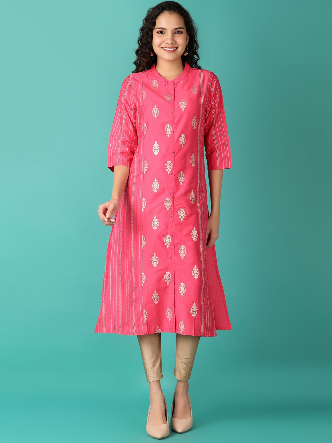 

V-Mart Ethnic Motifs Printed Band Collar Cotton A-Line Kurta, Pink