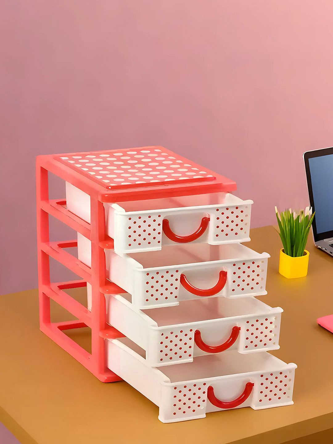 

Kuber Industries White & Red 2 Pieces Reusable 4-Tier Desk Holder Organiser