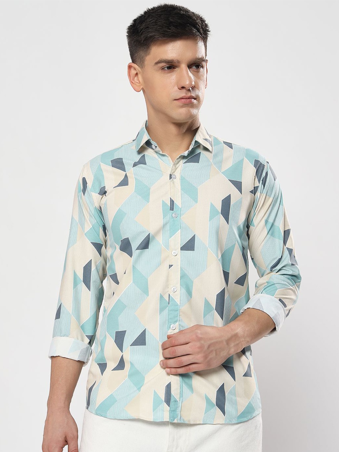 

YOUTH FIRST Men Premium Spread Collar Geometric Printed Casual Shirt, Teal