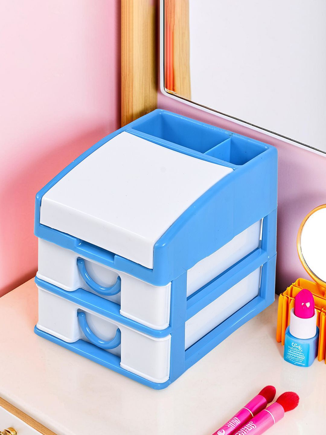 

Kuber Industries Blue & White Reusable 3-Layer Drawer Organiser