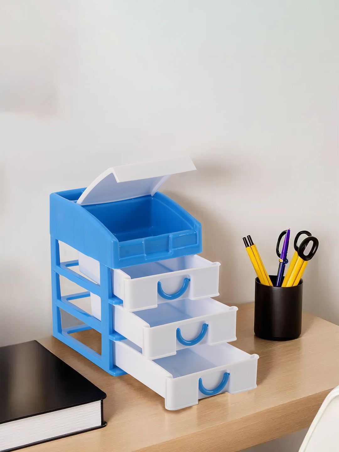 

Kuber Industries Blue & White Reusable 4-Tier Drawer Organiser