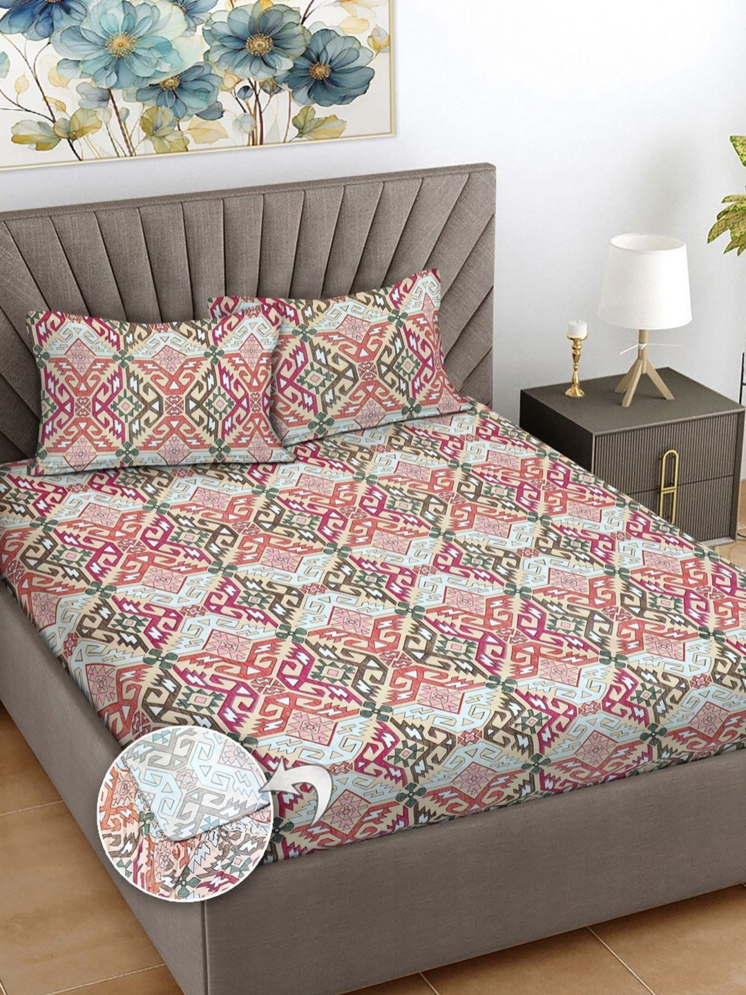 

FABINALIV Green & Red Abstract Print 300 TC Fitted King Bedsheet & 2 Pillow Covers