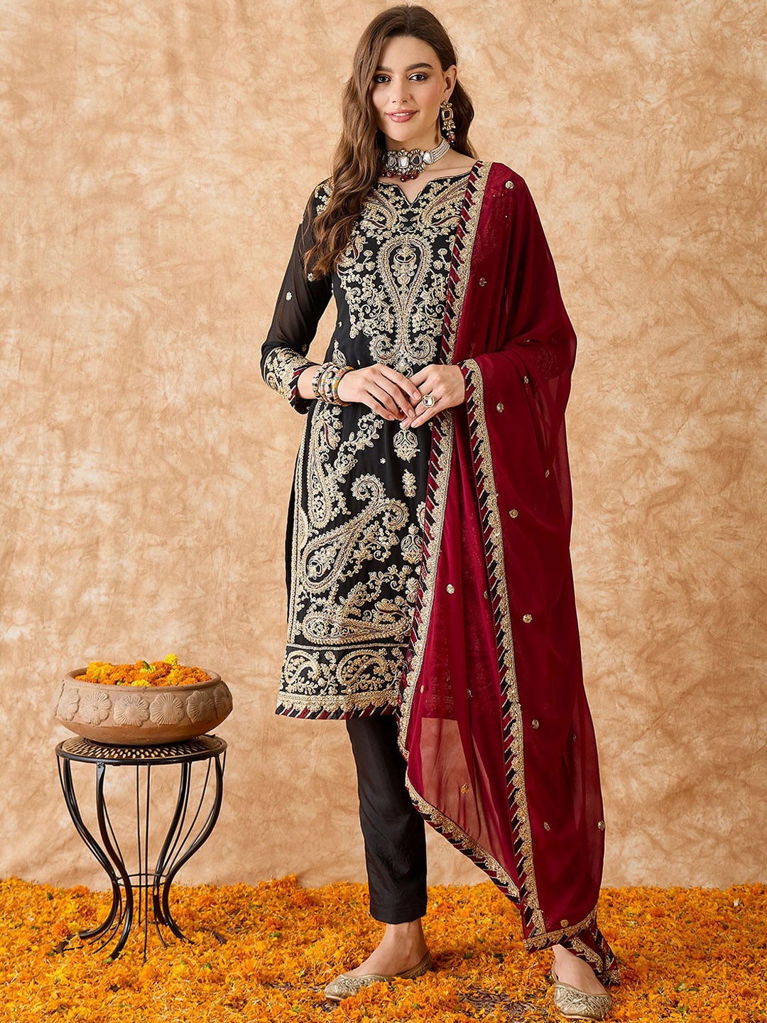 

KALINI Embroidered Silk Georgette Semi-Stitched Dress Material, Black