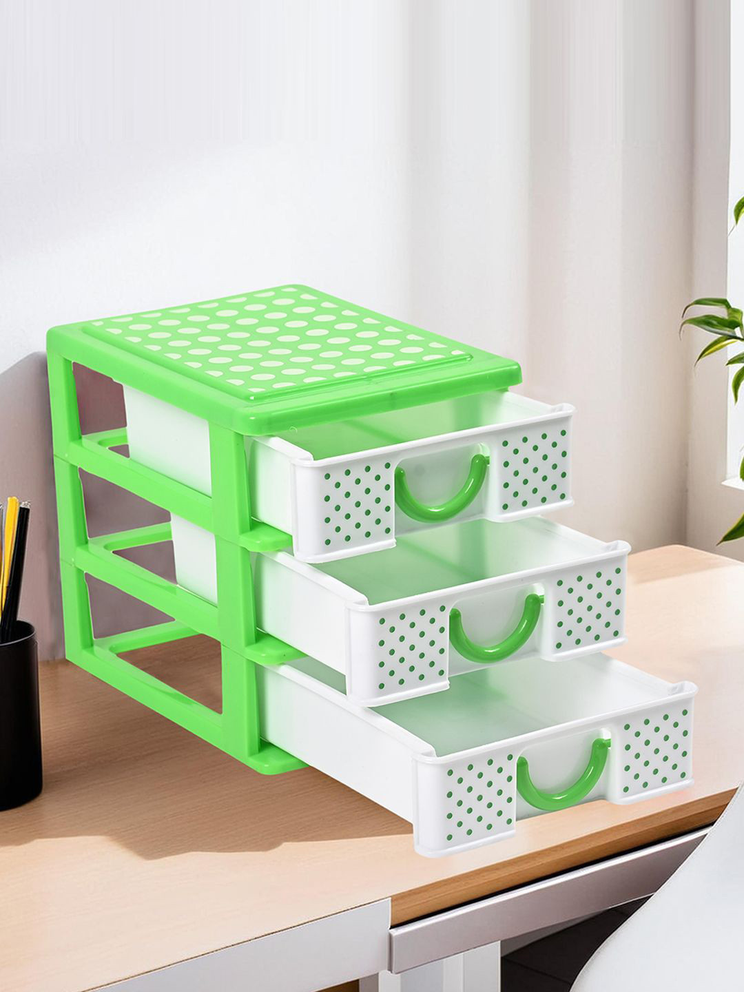 

Kuber Industries White & Green Printed 3-Tier Drawer Organisers