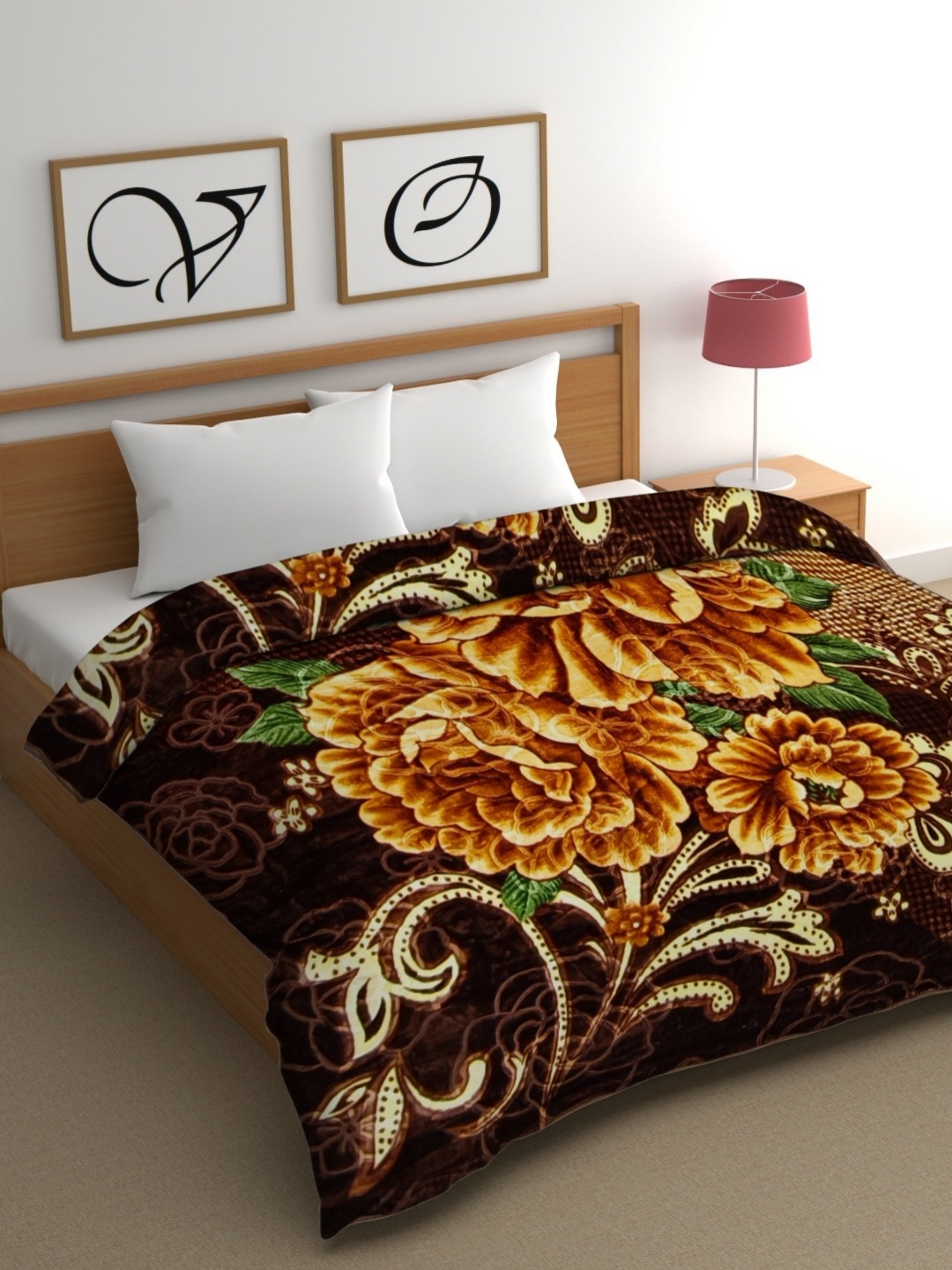 

CG HOMES Yellow & Brown Floral Mink Heavy Winter 350 GSM Double Bed Blanket