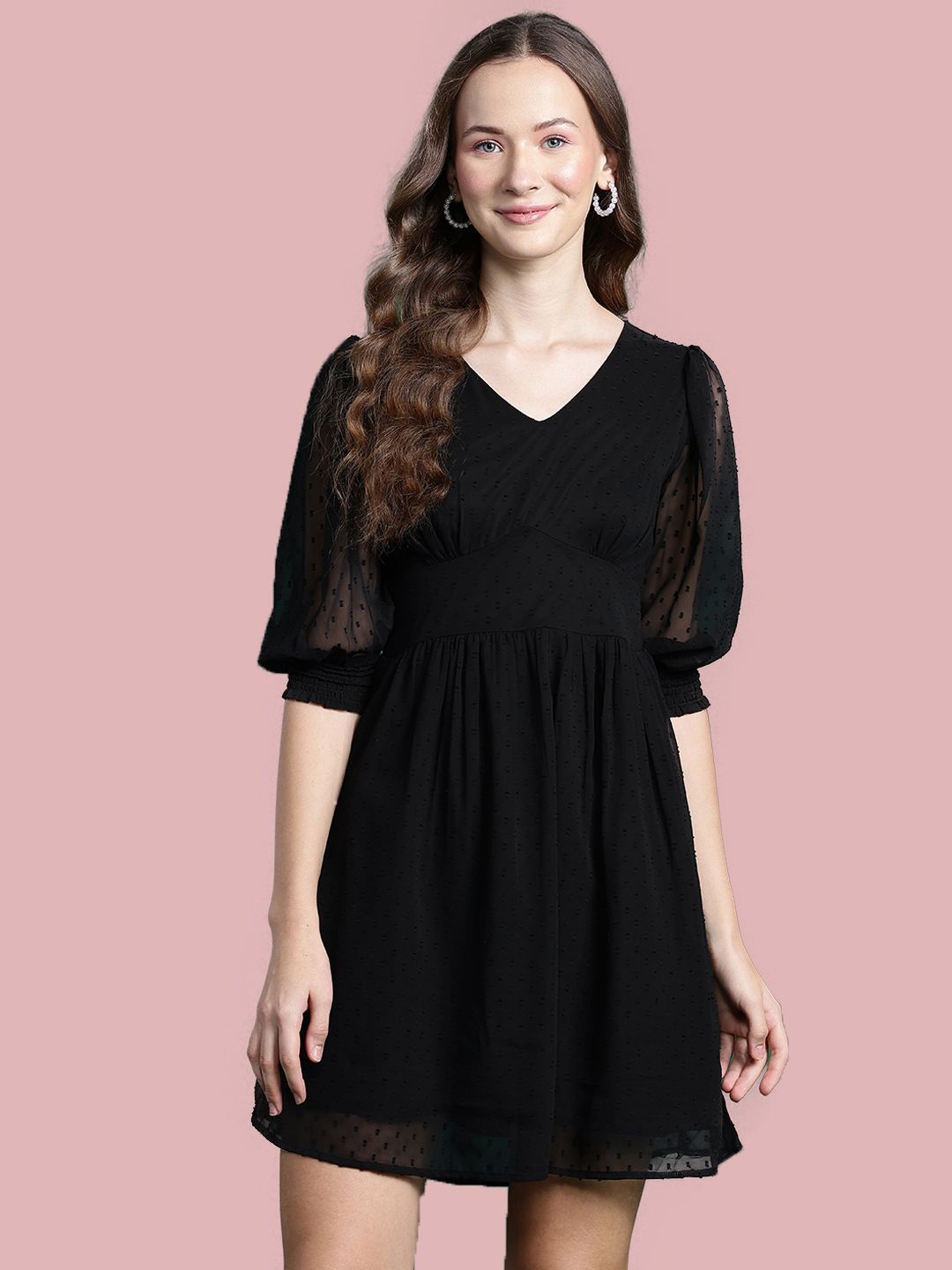 

Deewa Women Self Design Pleated A-Line Dress, Black