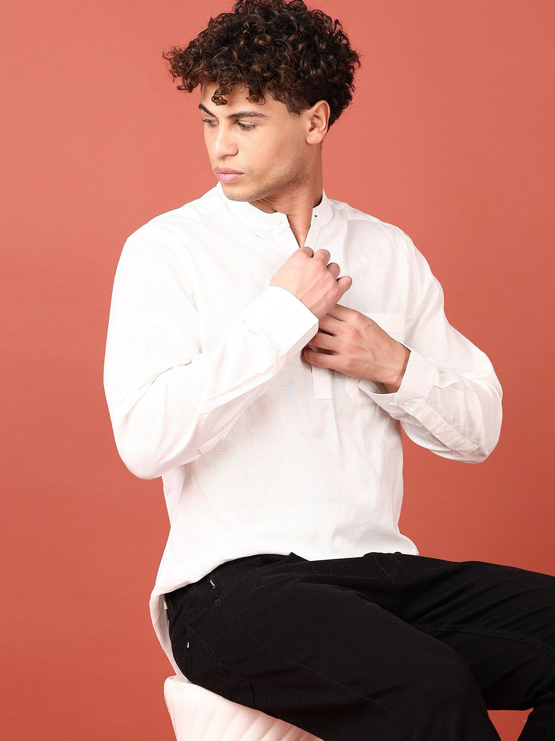 

V-Mart Men Band Collar Solid Cotton Slim Fit Casual Shirt, White