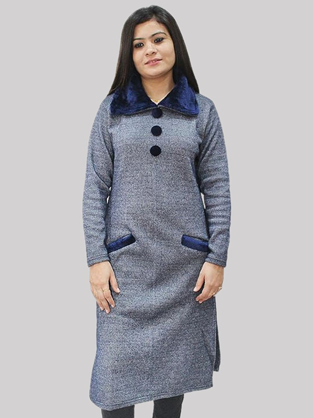 

Hautemoda Women Shirt Collar Woolen Straight Kurta, Grey