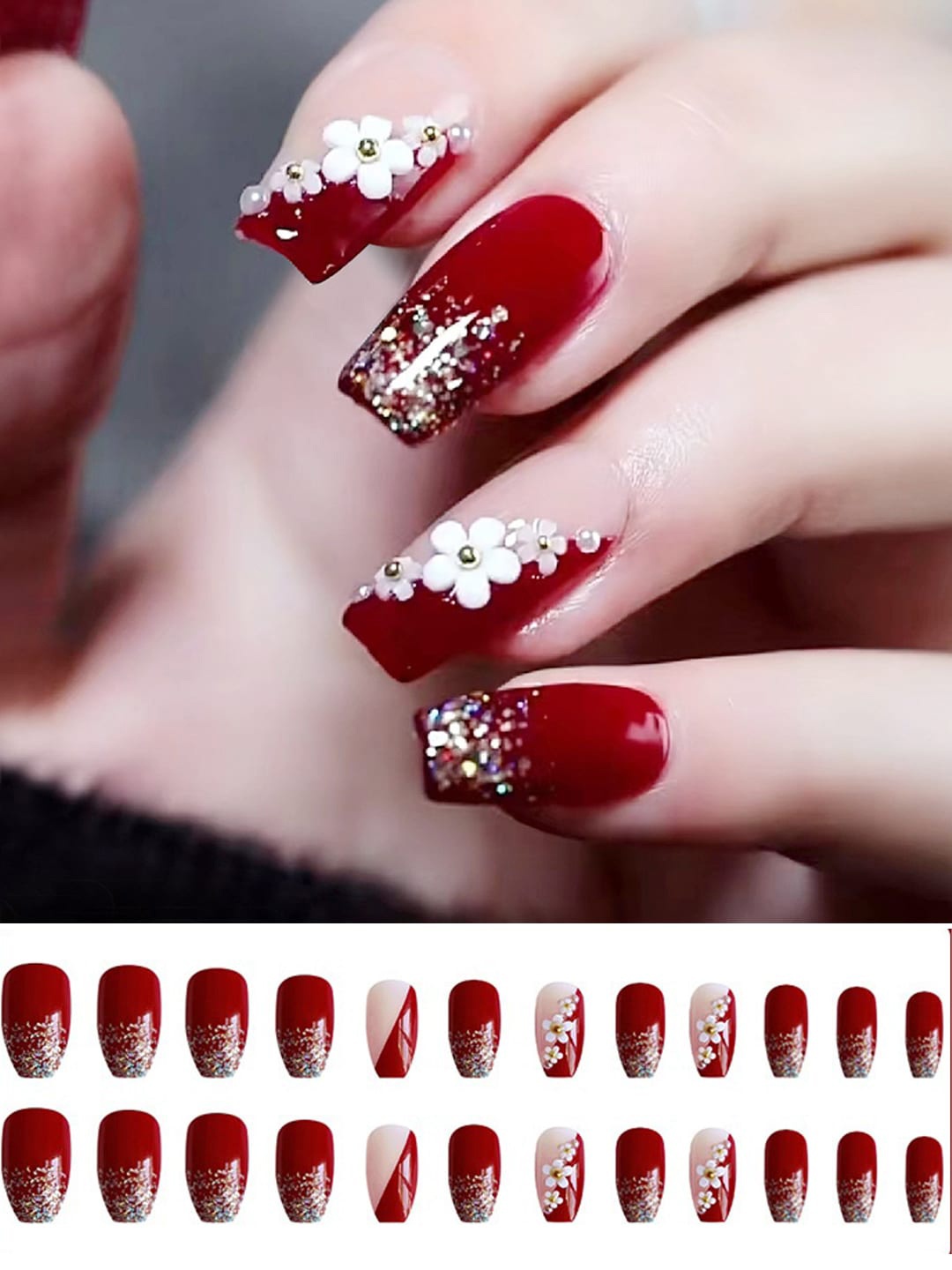 

Secret Lives 24 Pieces Glossy Fake Nails With 3D Flower & Glitter, Red