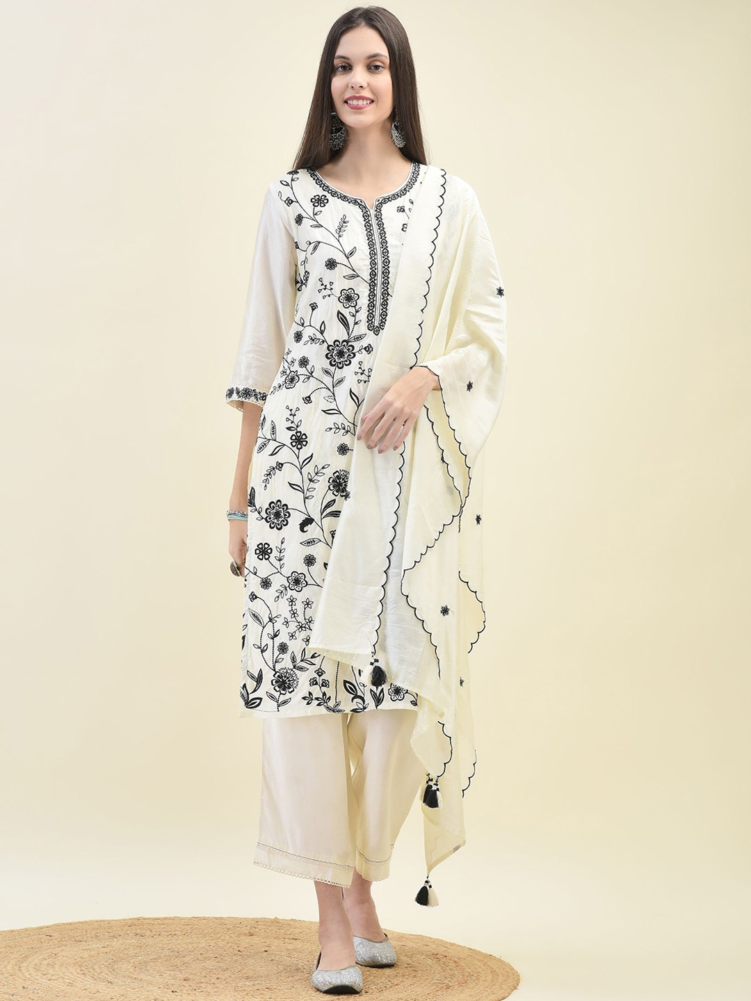 

Shree Floral Embroidered Round Neck Regular Liva Kurta With Trouser With Dupatta, Off white