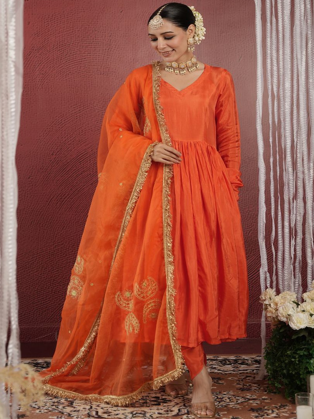 

OneWe V-Neck Pure Silk Pleated Anarkali Kurta With Dhoti Pant & Dupatta, Orange