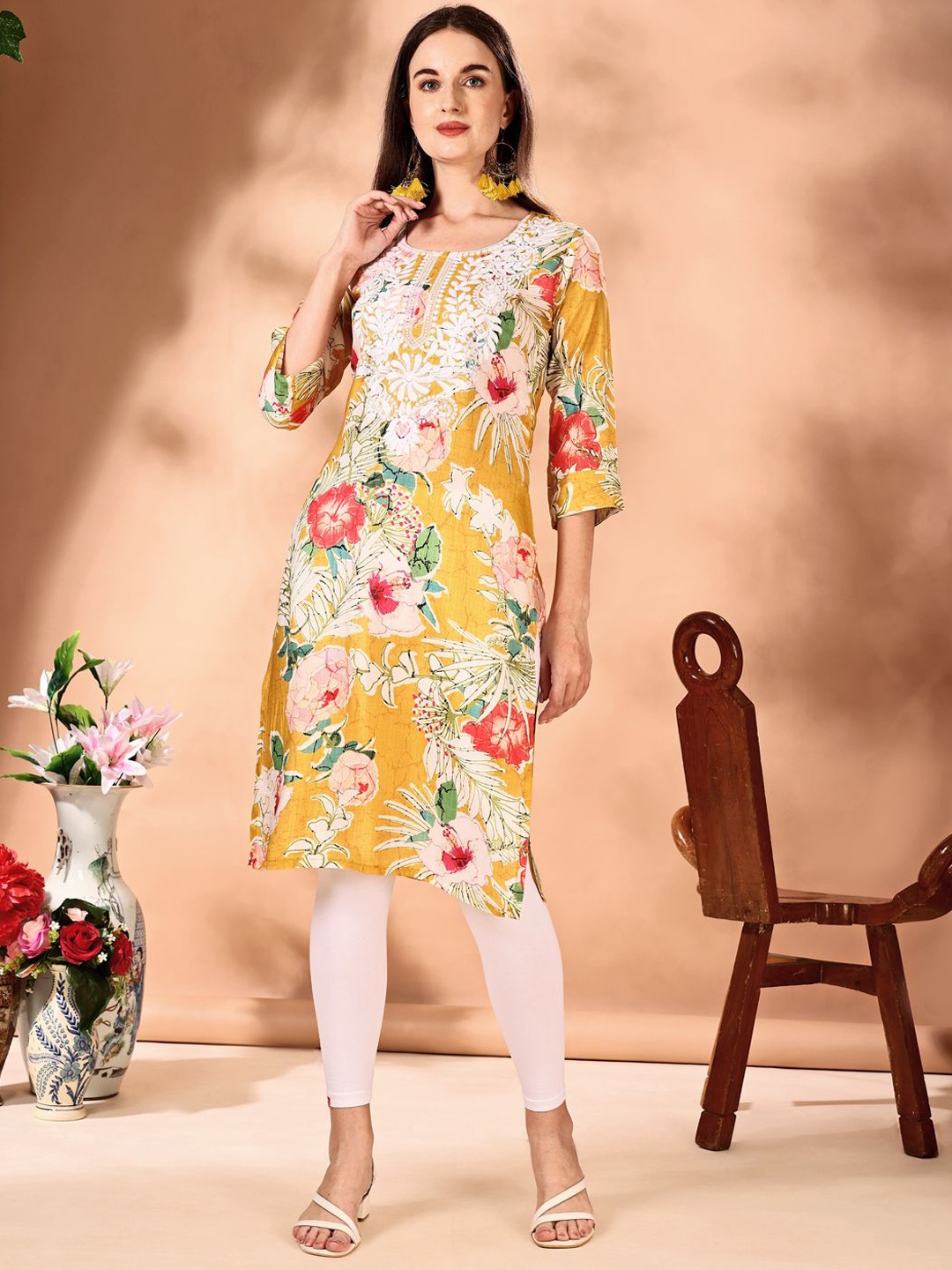 

KUNDAN FAB Floral Printed Thread Work Cotton Straight Kurta, Yellow