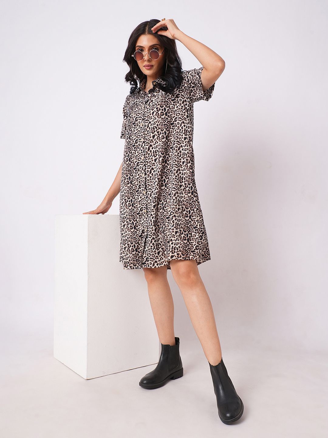 

Selvia Animal Printed Crepe Shirt Dress, Black