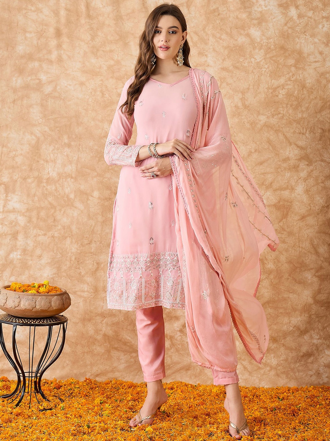 

KALINI Floral Embroidered Sequinned Silk Georgette Semi-Stitched Dress Material, Pink