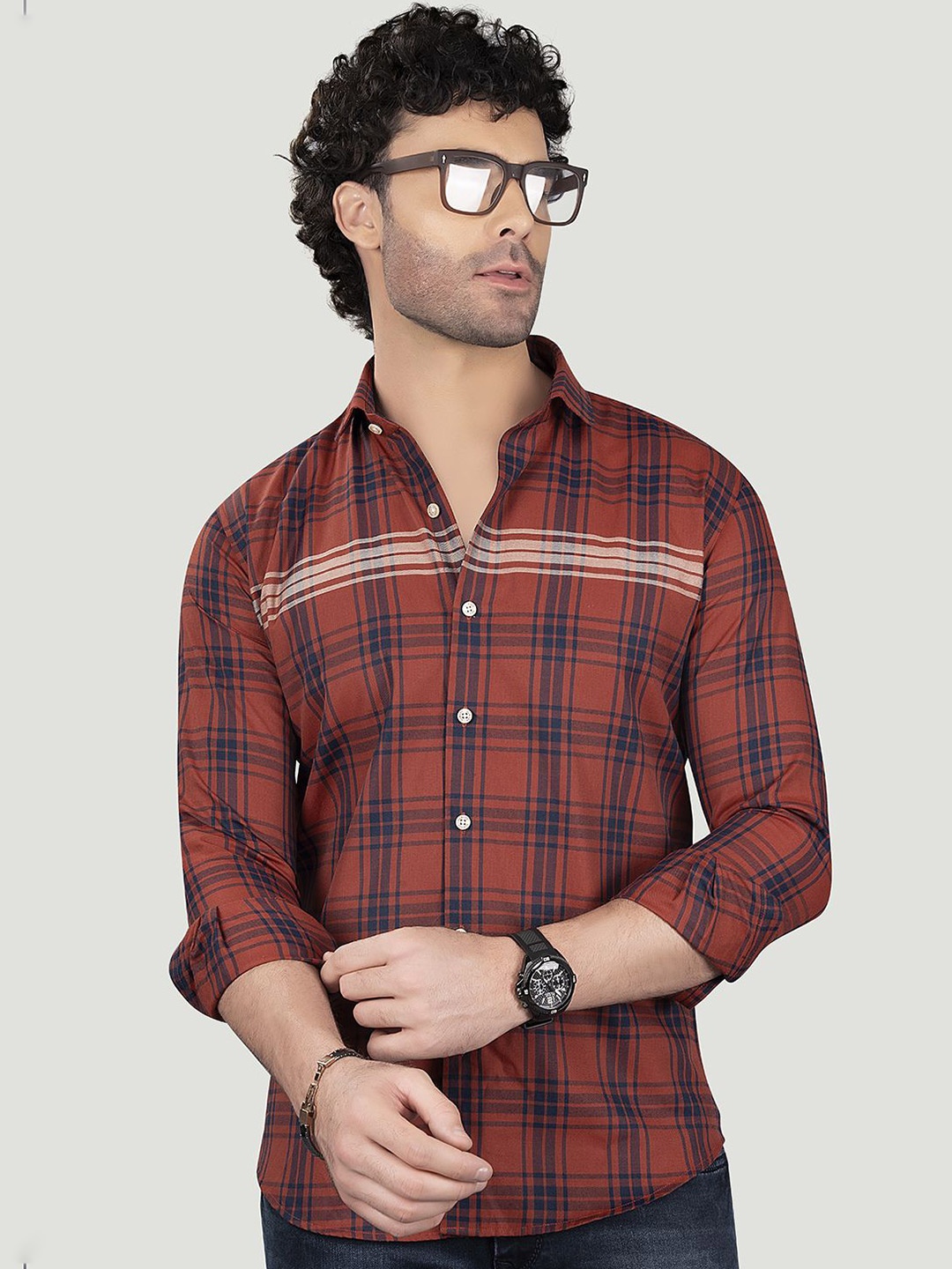 

ALMATY Men Comfort Spread Collar Checked Cotton Slim Fit Casual Shirt, Maroon