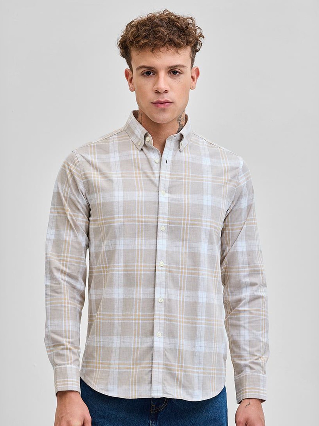 

Snitch Men Smart Button-Down Collar Tartan Checked Cotton Casual Shirt, Brown