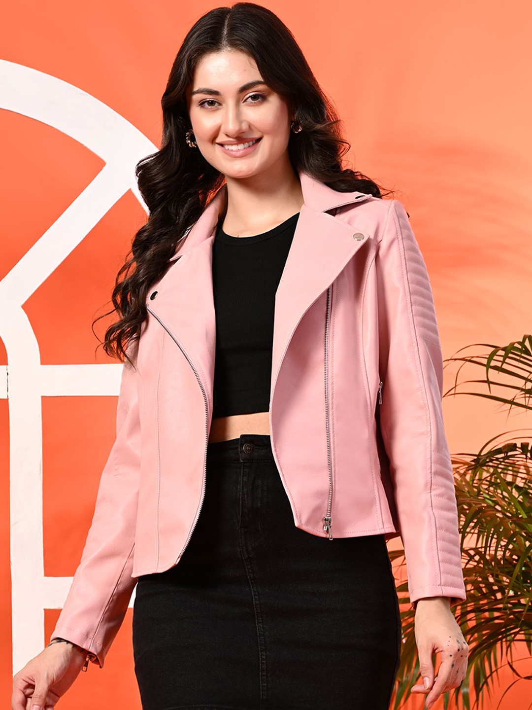 

TBOJ Women Lapel Collar Solid Casual Leather Jacket, Pink