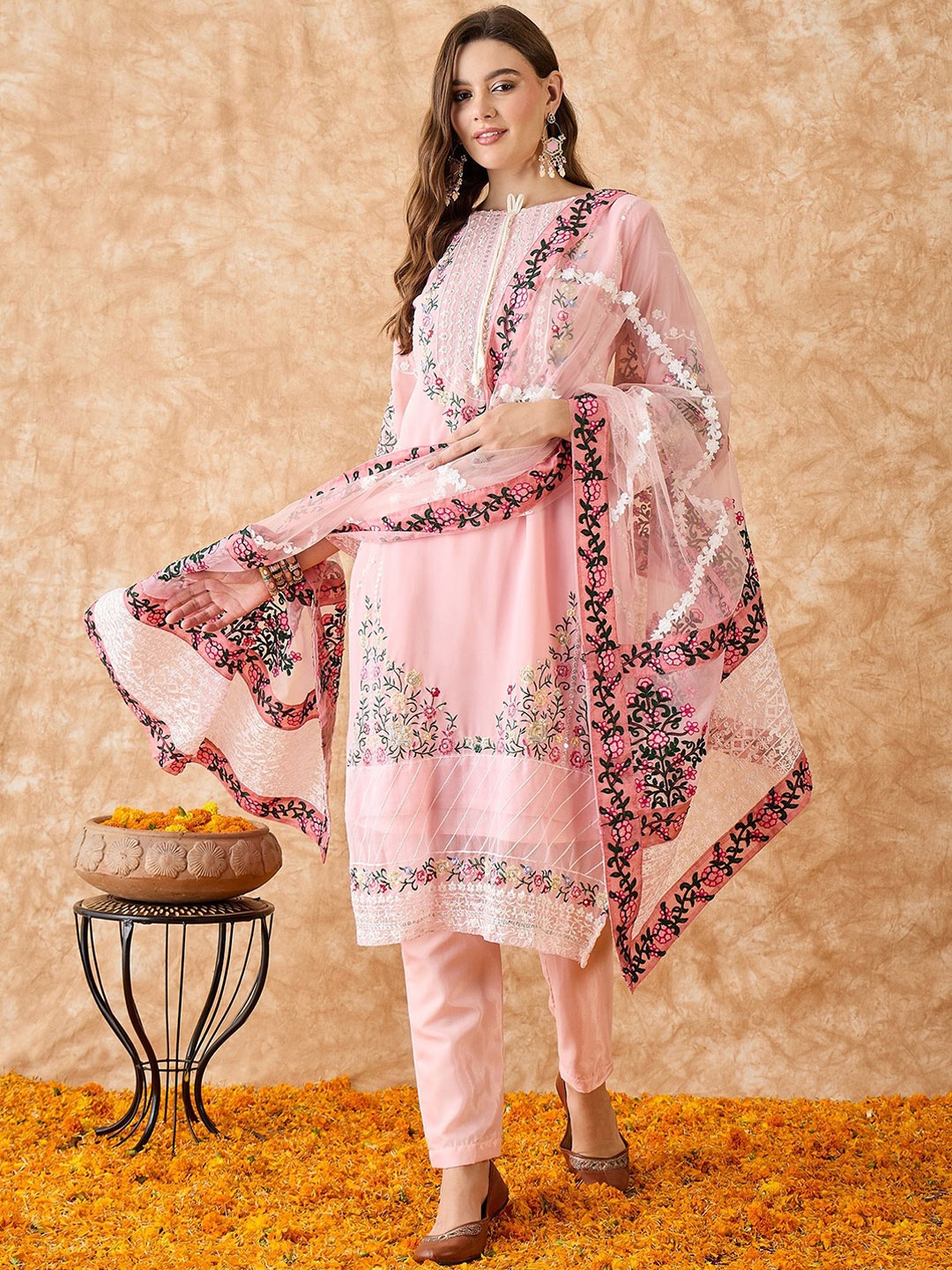 

KALINI Floral Embroidered Sequinned Silk Georgette Semi-Stitched Dress Material, Pink