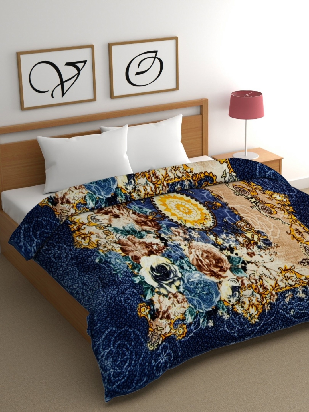 

CG HOMES Blue & Beige Floral Mink Heavy Winter 350 GSM Double Bed Blanket