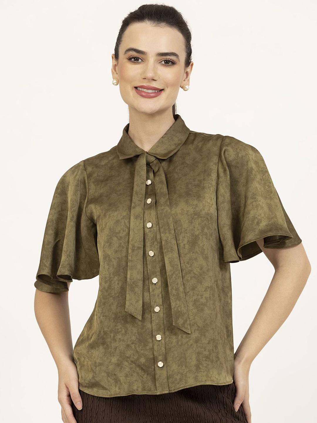 

OFFICE & YOU Women Bell Sleeves Satin Top, Olive