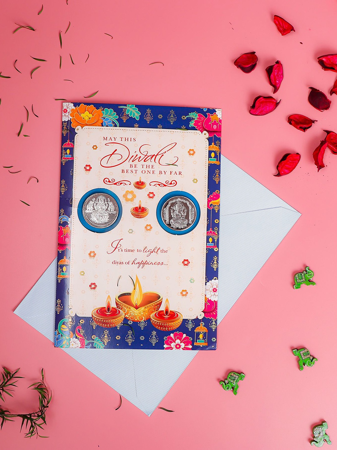 

Archies Self Design Diwali Aarti with Silver Coins Greeting Card, Blue