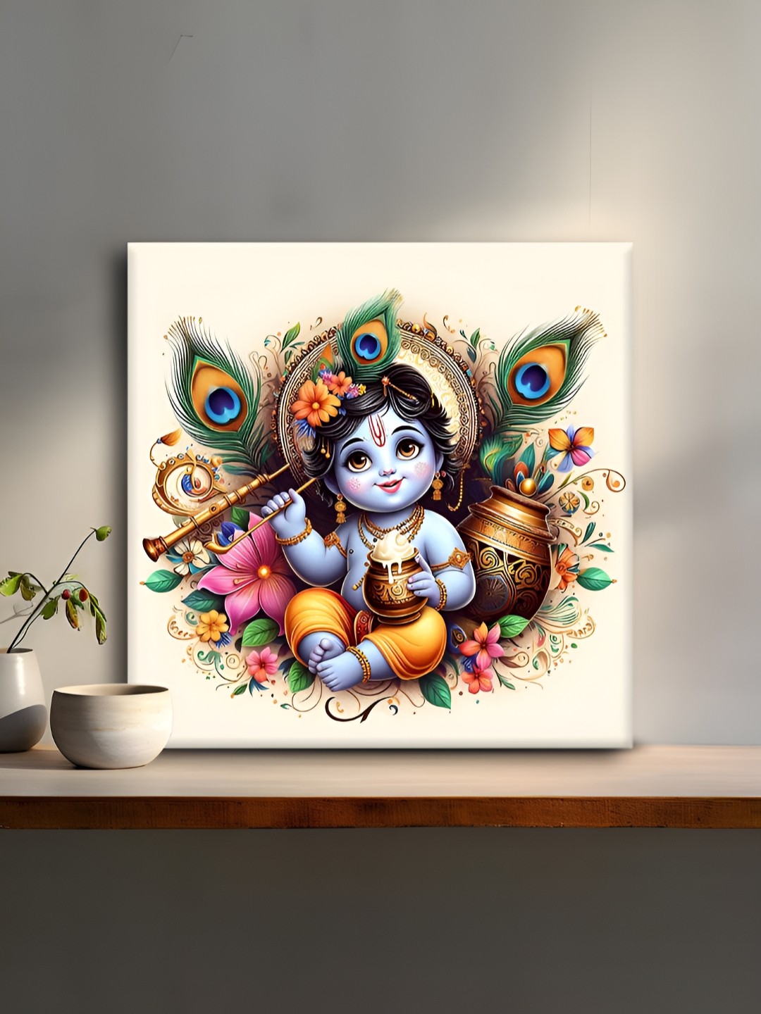 

OLIVE TREE Cream Coloured & Blue Lord Krishna Canvas Painting Wall Art