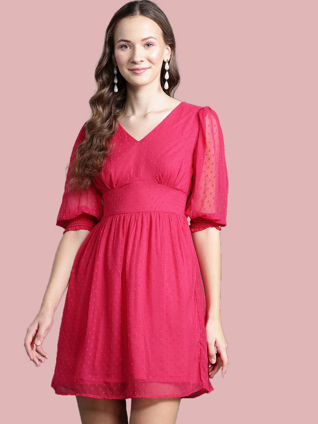 

Deewa Women Self Design Puff Sleeve Fit & Flare Dress, Pink