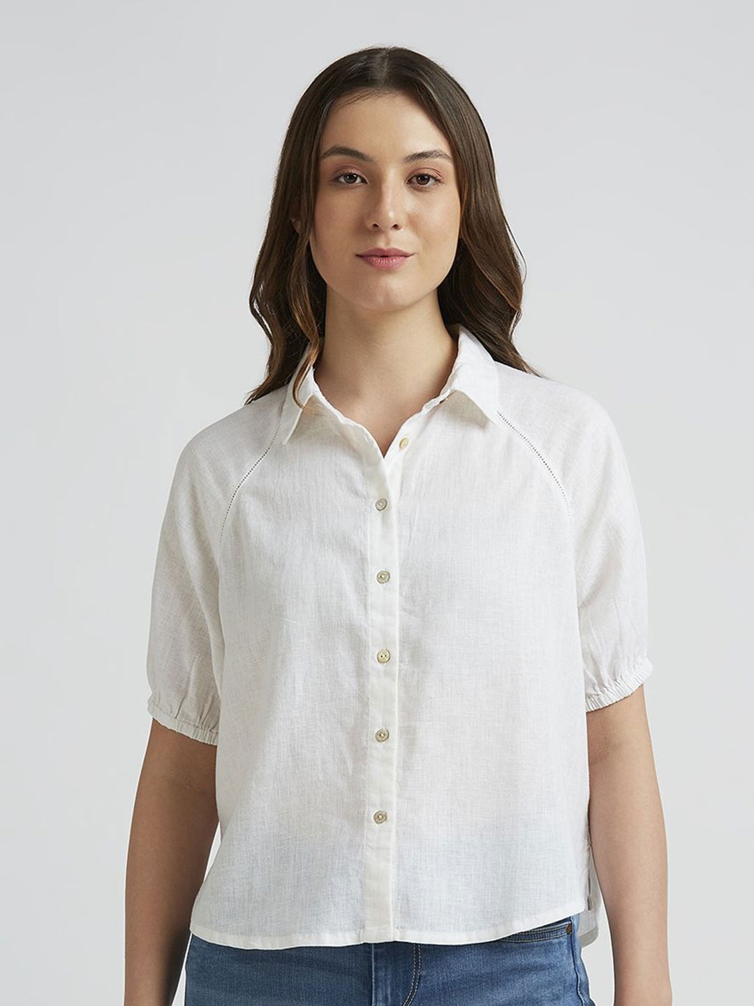 

Pepe Jeans Women Spread Collar Textured Linen Casual Shirt, White