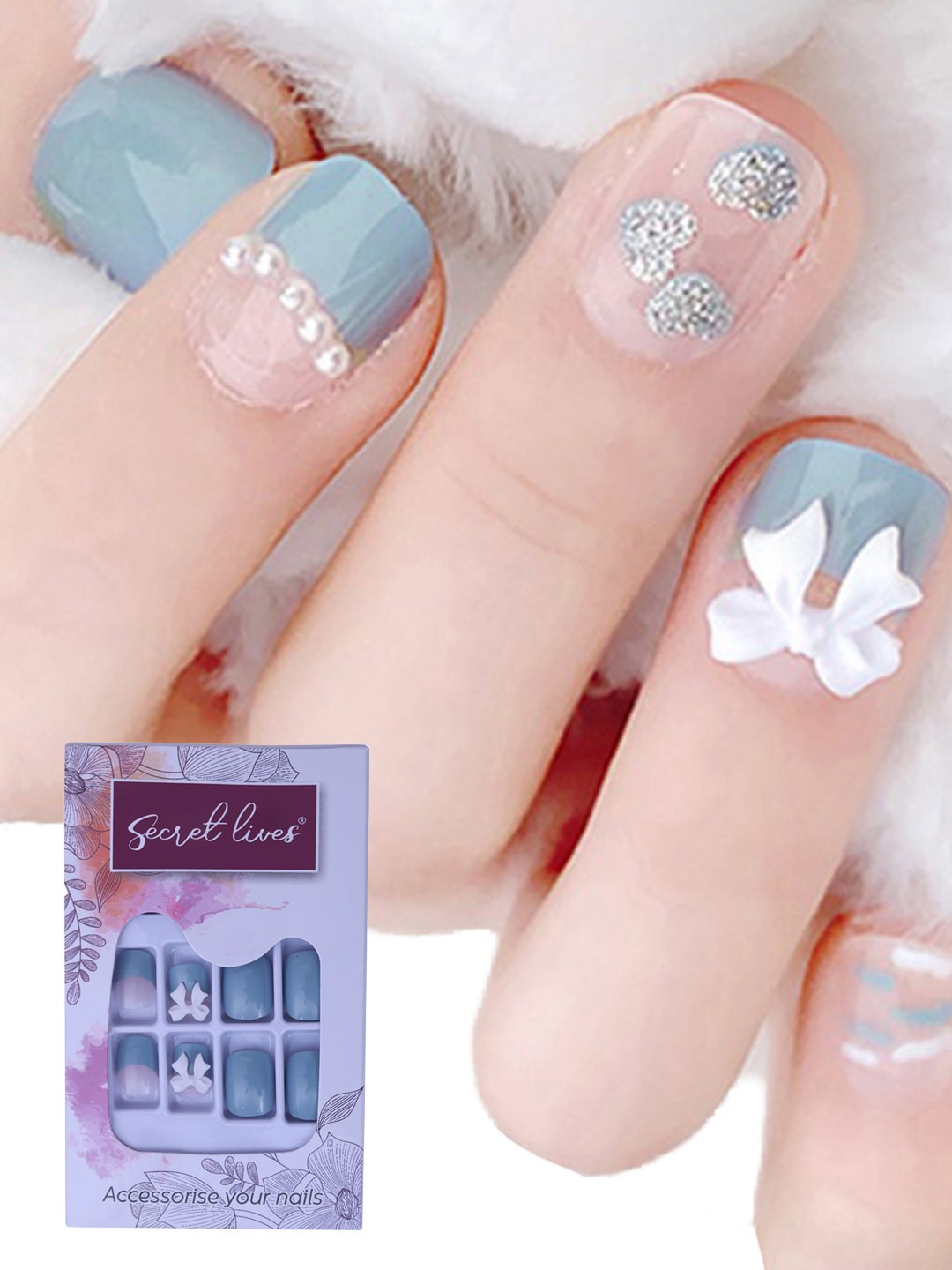 

Secret Lives Translucent 24 Pieces of Fake Nails With 3D Bow & Pearls, Grey