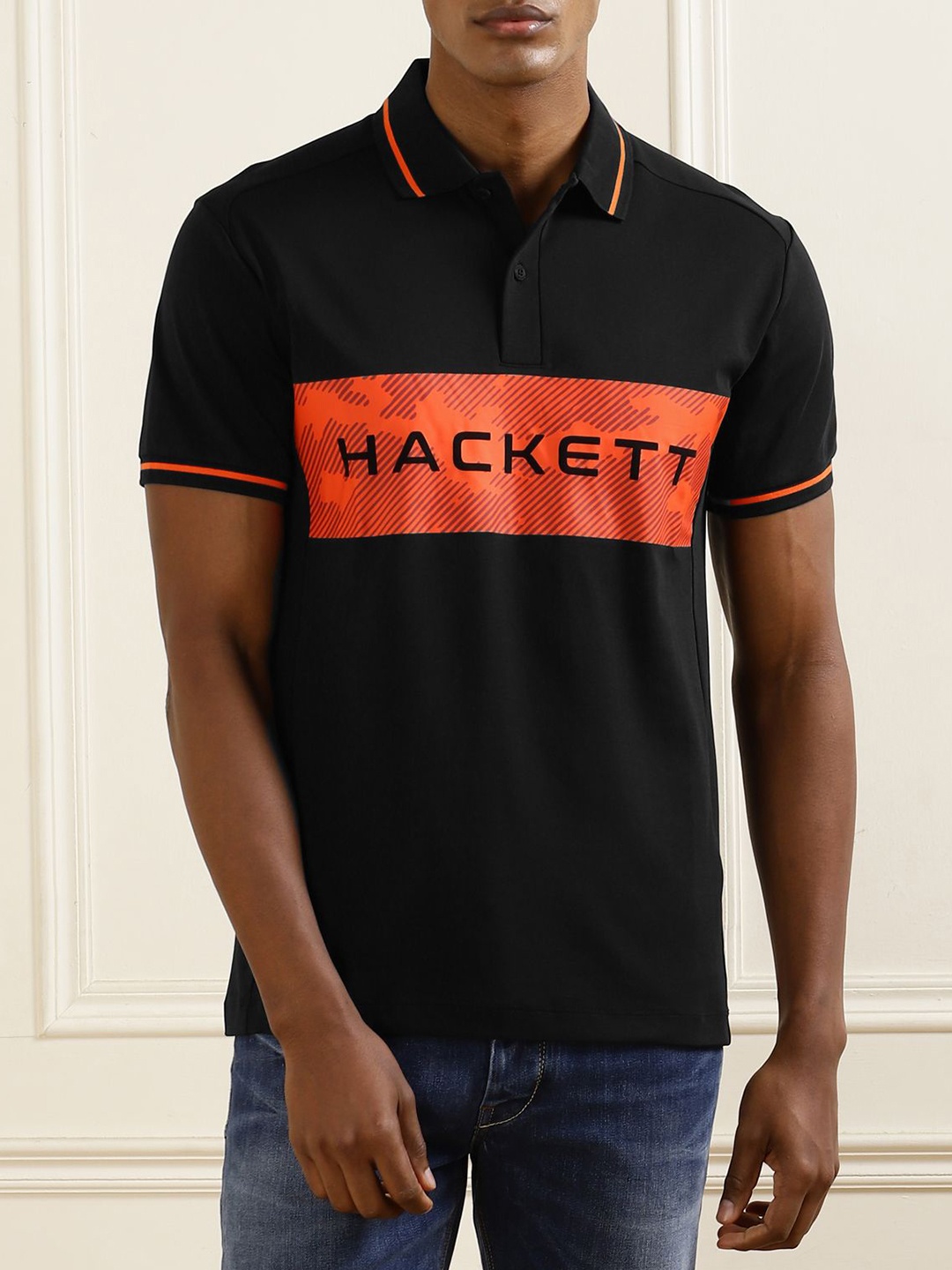 

HACKETT LONDON Men Printed Polo Collar Applique Slim Fit T-shirt, Black