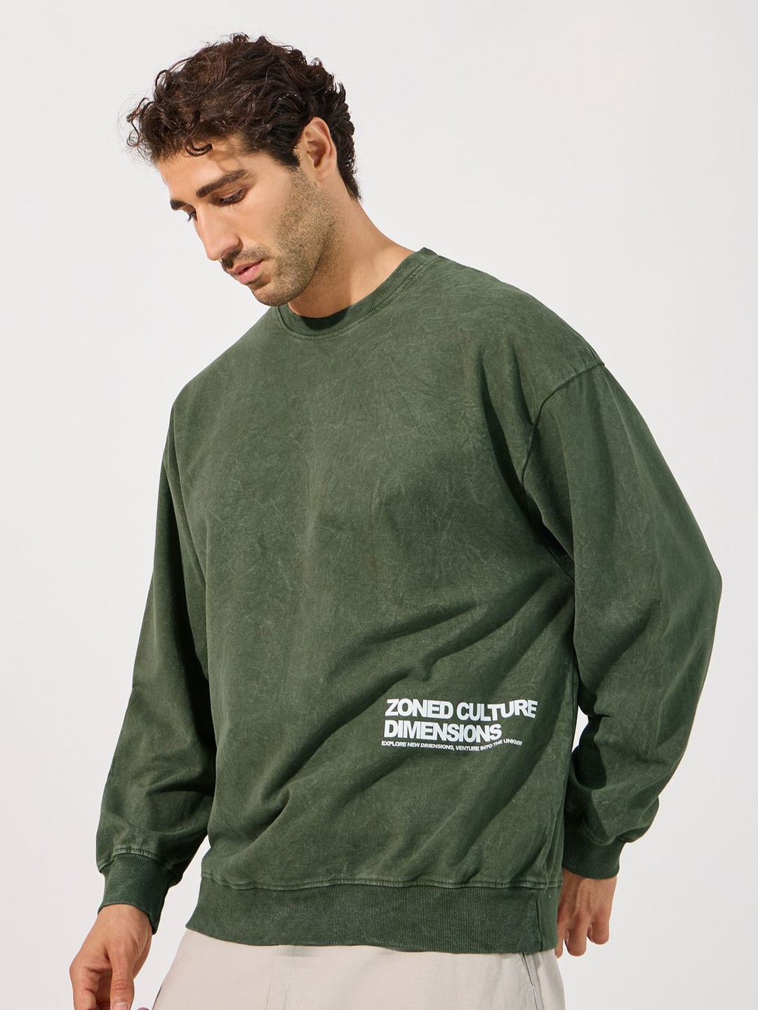 

Styli Typography Printed Round Neck Boxy Fit Sweatshirt, Olive