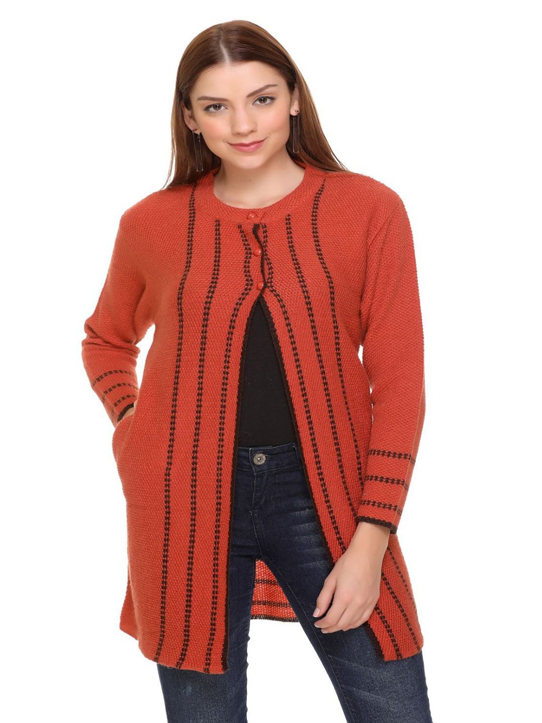 

CLAPTON Women Striped Woollen Longline Cardigan, Orange