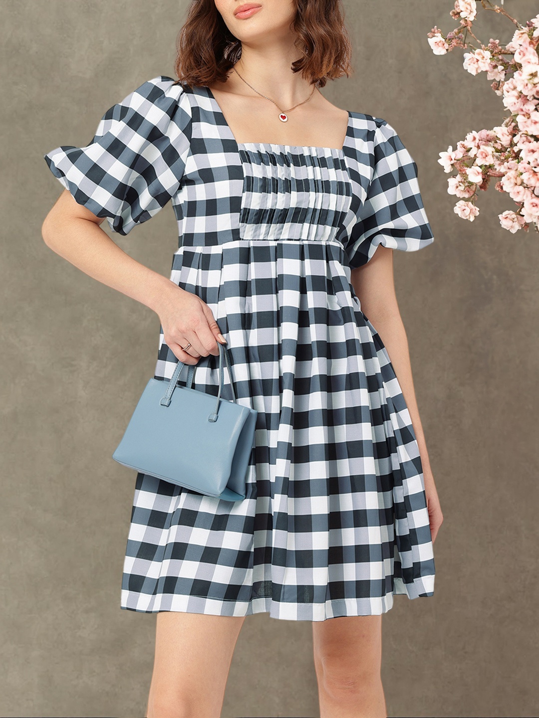 

DressBerry Charming & Sassy Puff-Sleeve Monochrome A-Line Mini Dress, White