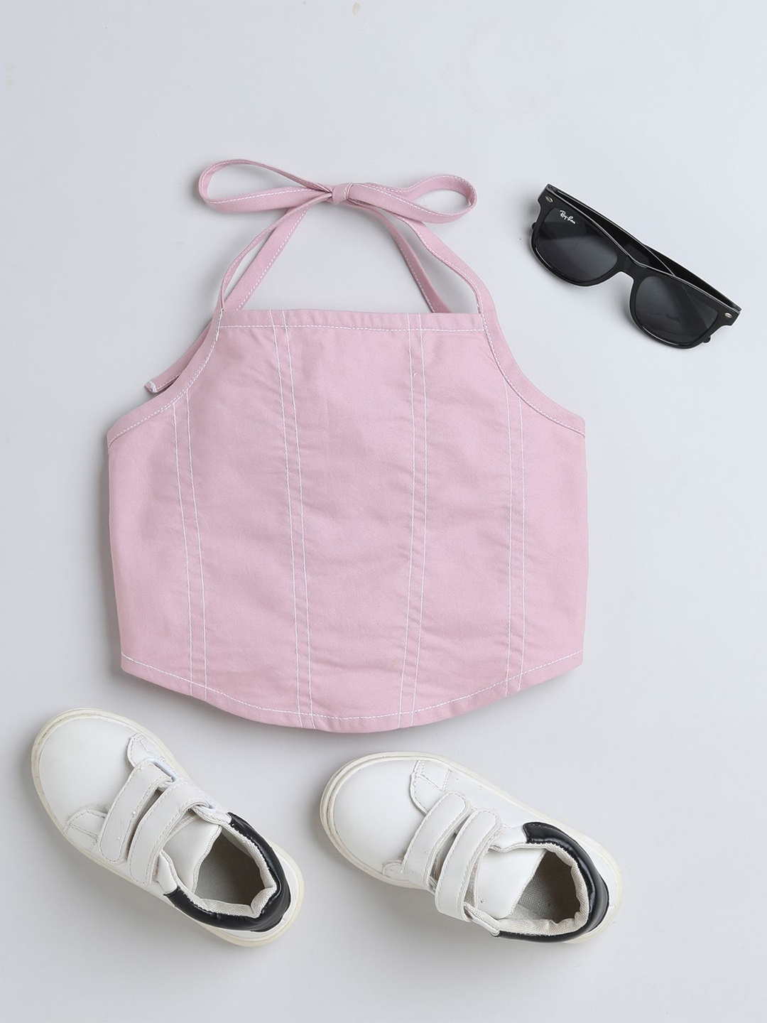 

taffykids Girls Stitch Detail Halter Neck Back Tie Up Crop Top, Pink
