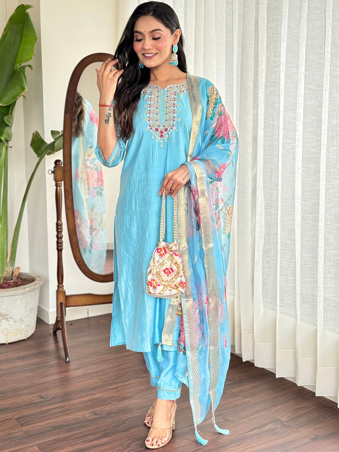 

KALINI Women Floral Embroidered Regular Thread Work Chanderi Silk Kurta with Trousers & With Dupatta, Blue