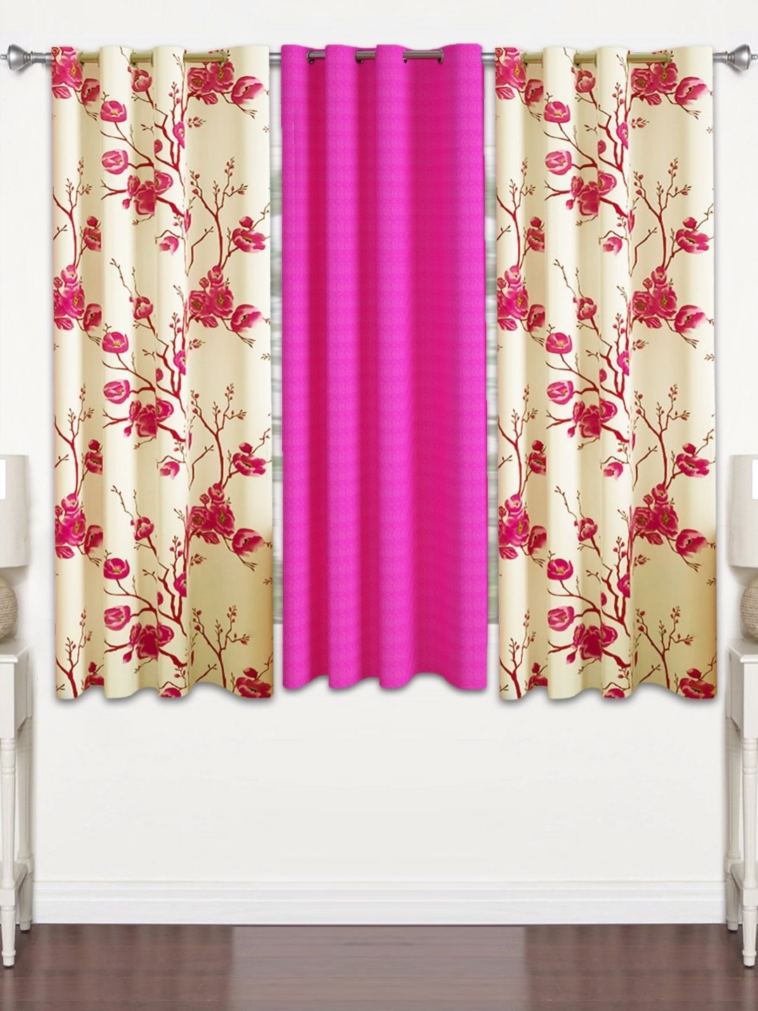 

Lunar Days Pink & White 3 Pieces Floral Room Darkening Window Curtains