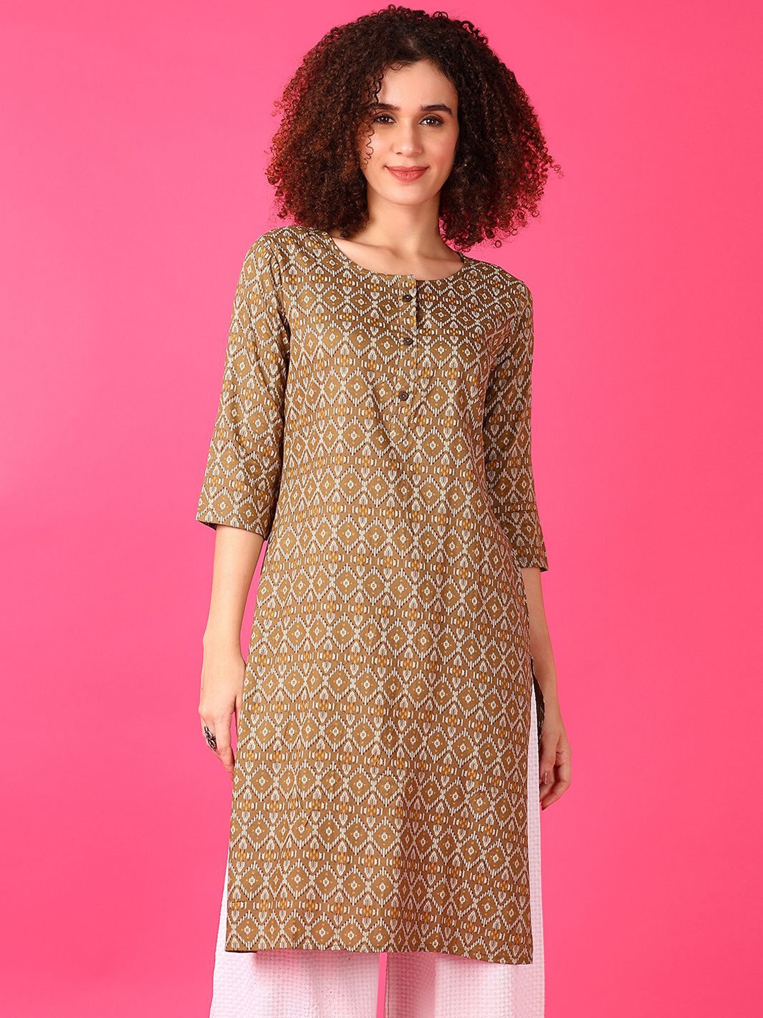 

V-Mart Round Neck Chevron Printed Straight Kurta, Olive