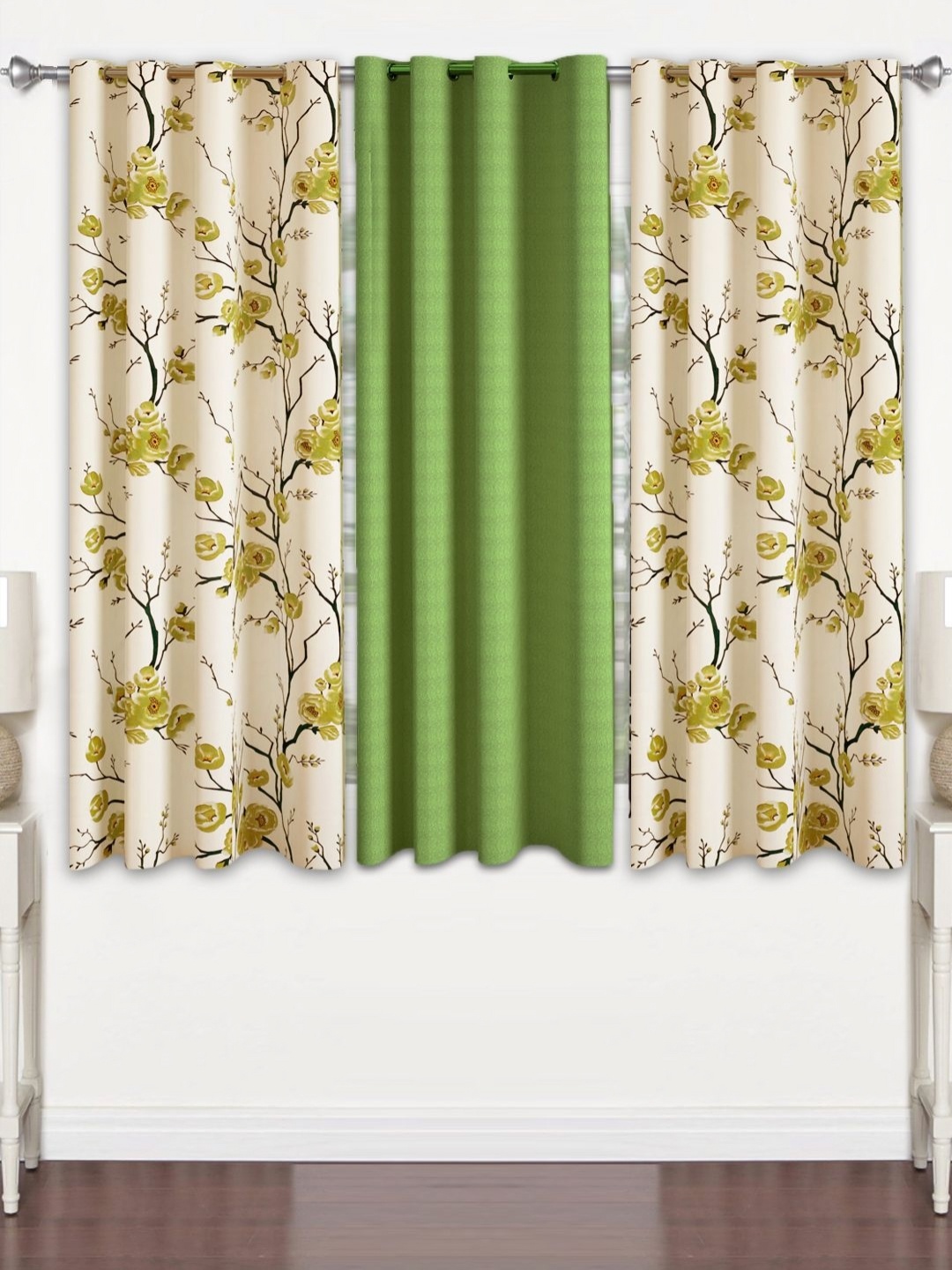 

Lunar Days Green & White 3 Pieces Floral Room Darkening Window Curtains