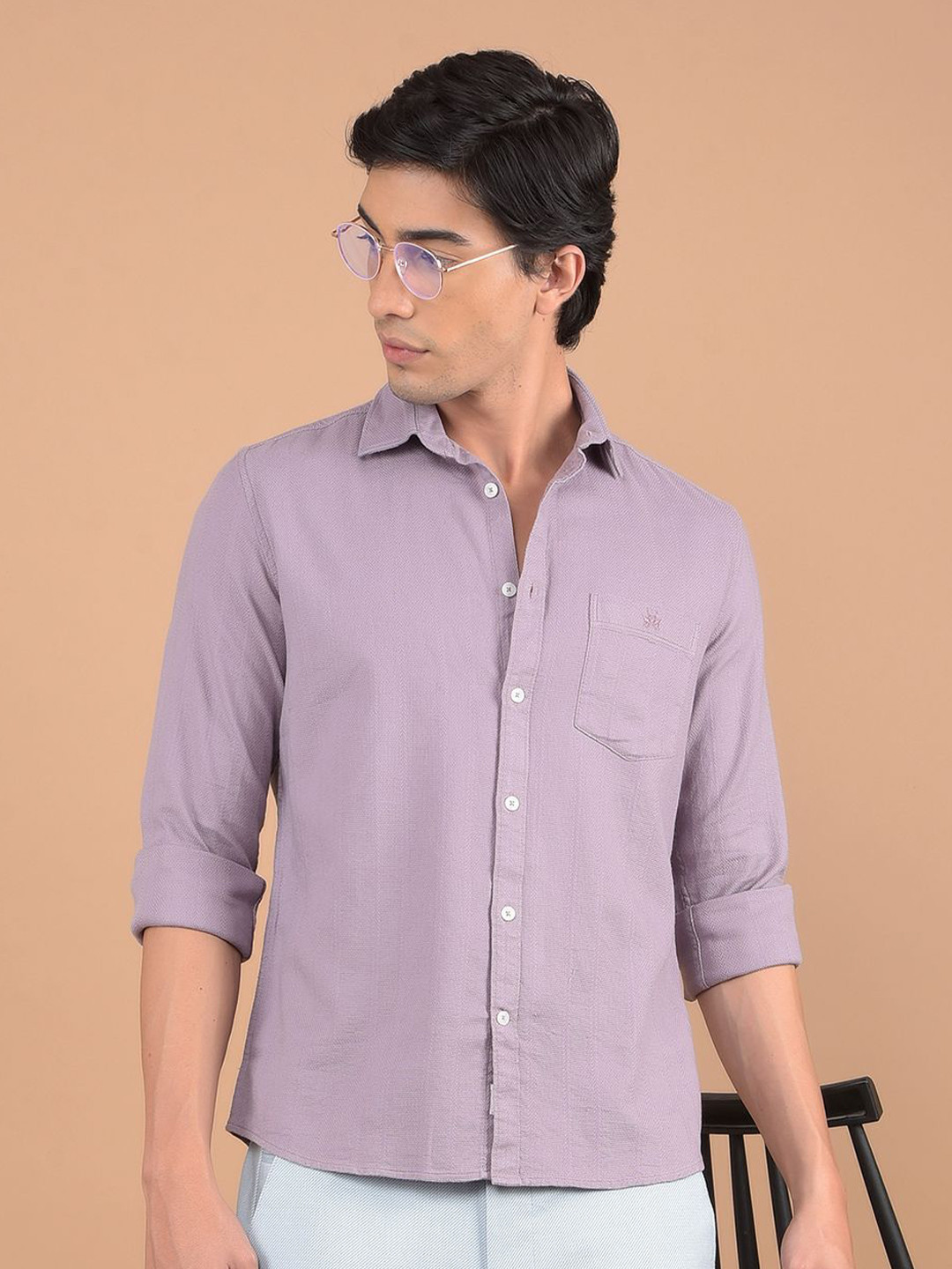 

Crimsoune Club Men Spread Collar Vertical Striped Cotton Slim Fit Casual Shirt, Purple