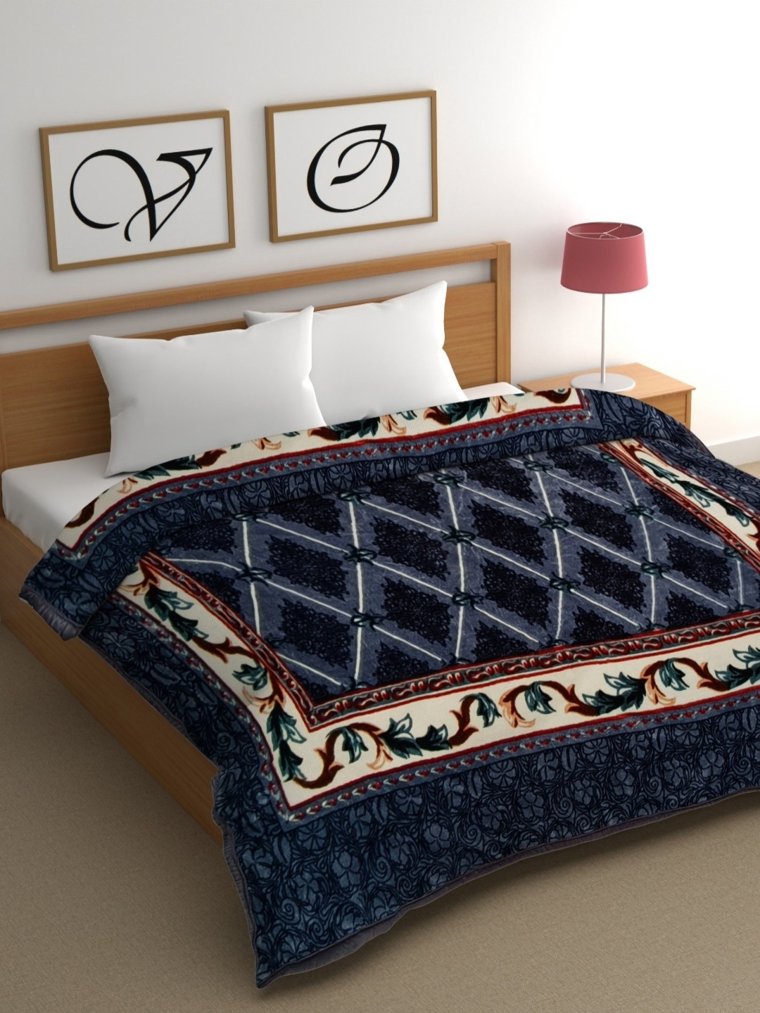 

CG HOMES Blue & Black Geometric Mink Heavy Winter 350 GSM Double Bed Blanket