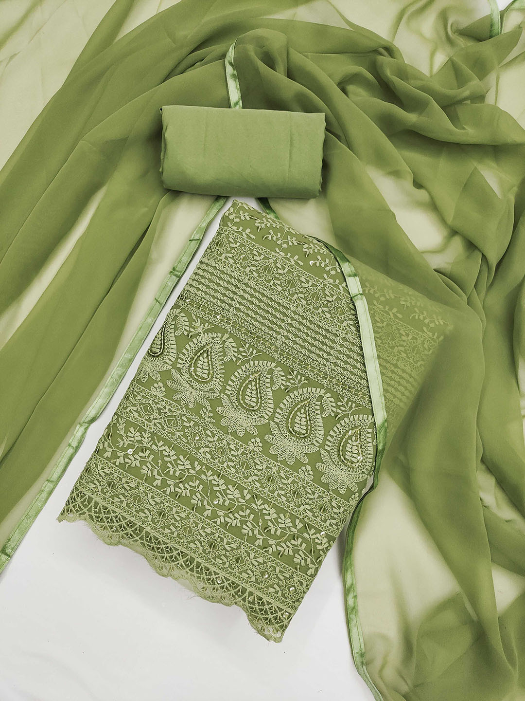 

KALINI Ethnic Motifs Embroidered Sequinned Georgette Unstitched Dress Material, Green