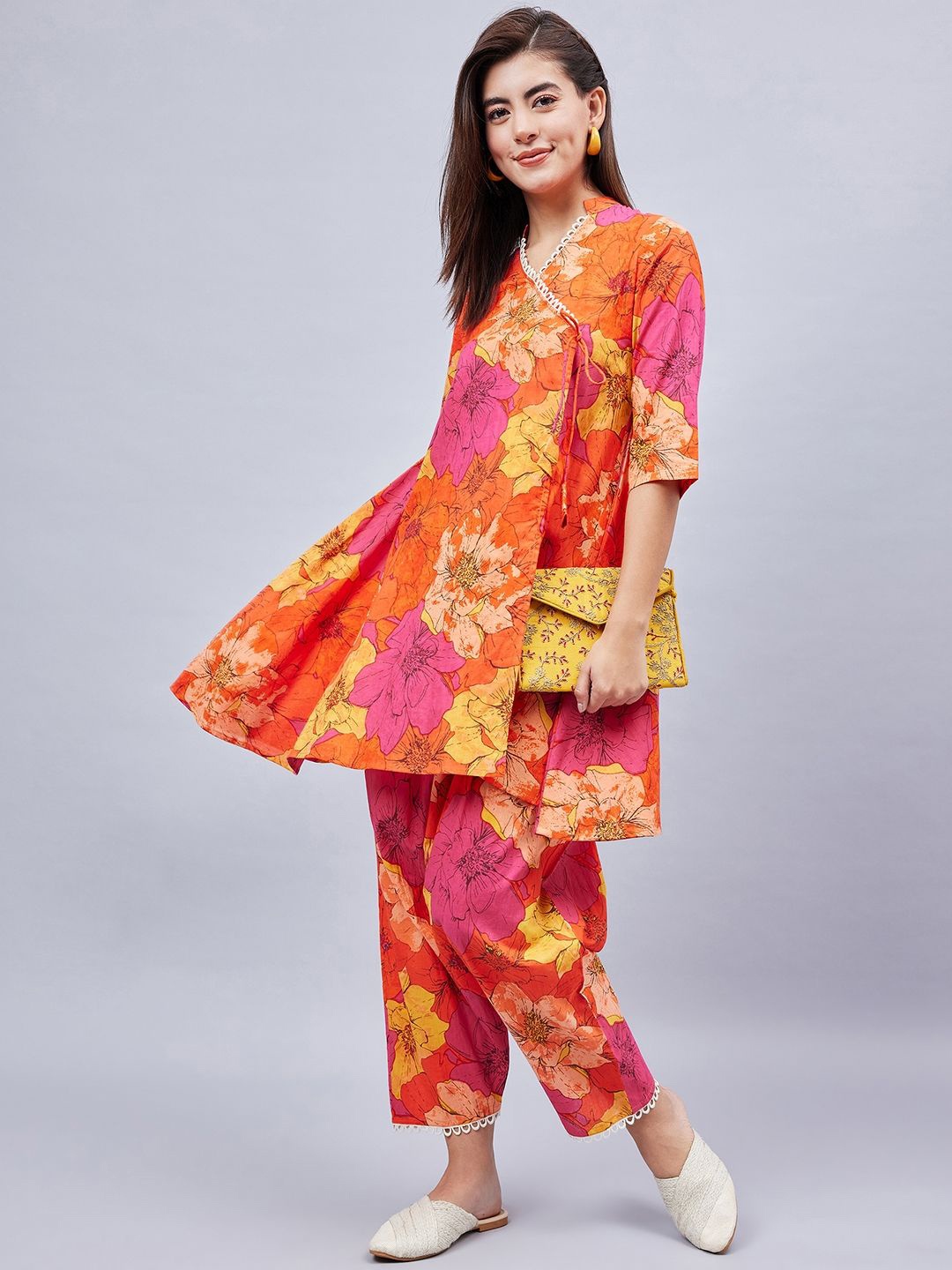 

WineRed Floral Printed Mandarin Collar Pure Cotton Top With Trouser & Scrunchie, Orange