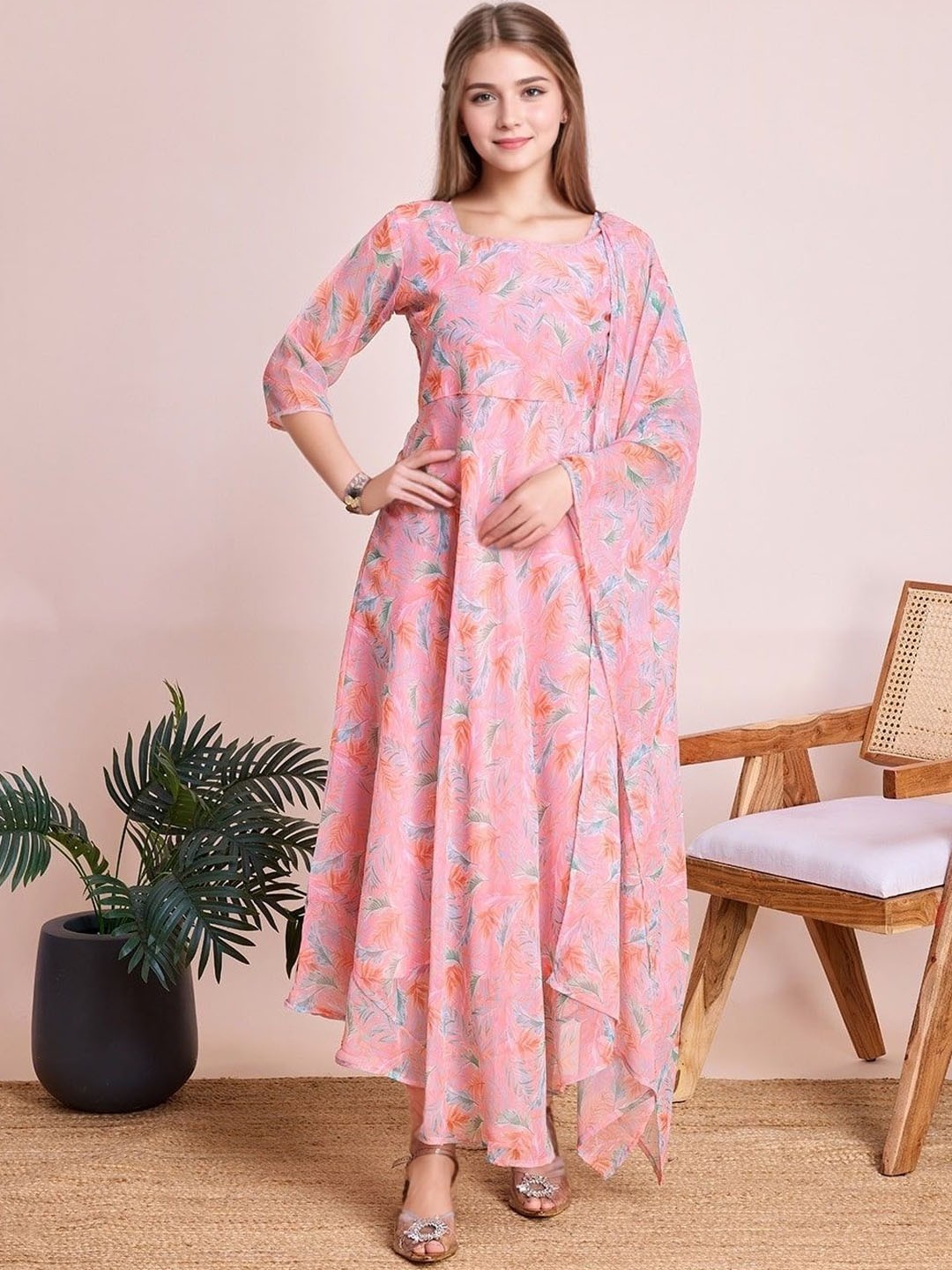

all about you Printed Maxi Ethnic Dress With Dupatta, Pink