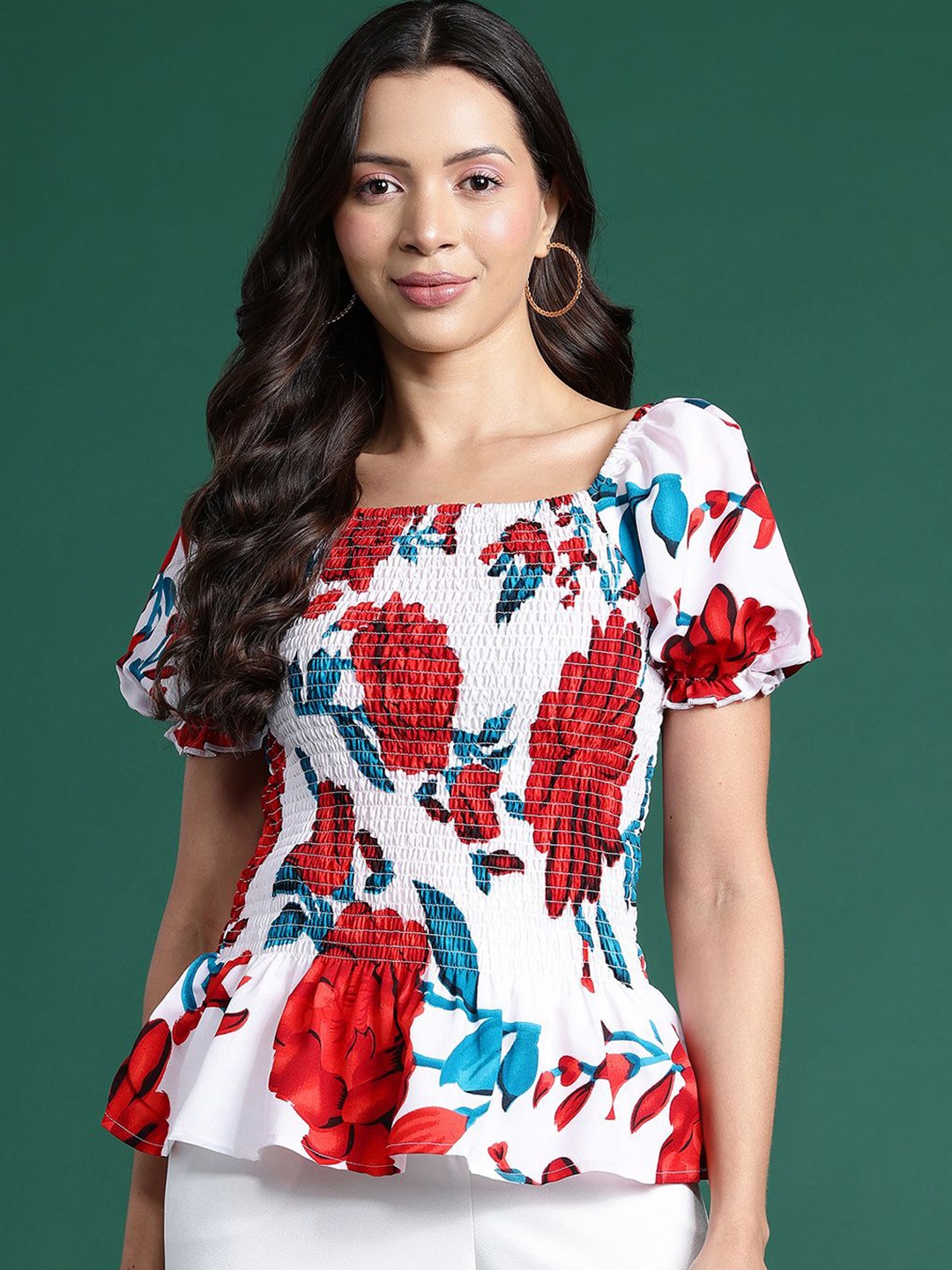 

Deewa Women Floral Printed Smocking Fitted Top, White