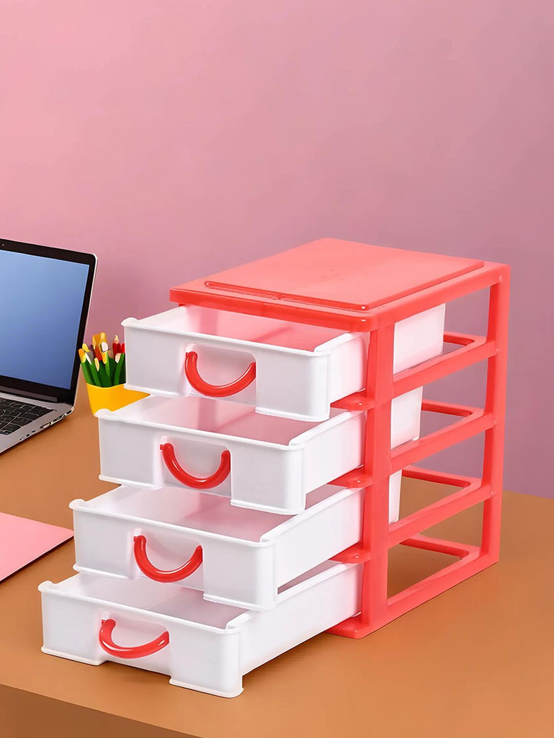 

Kuber Industries White & Red 2 Pieces Reusable 4-Tier Desk Organisers