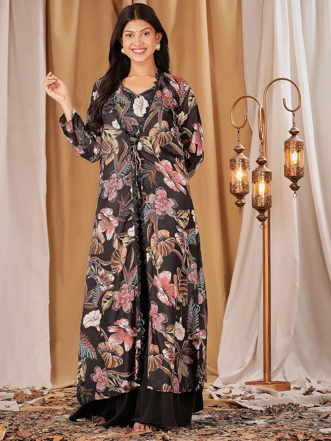 

AMOHA TRENDZ Embroidered Pure Silk Crop Top & Palazzo With Shrug, Black