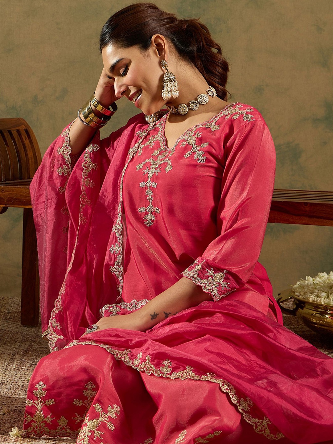 

Indo Era Floral Embroidered Kurta With Trousers & Dupatta, Pink